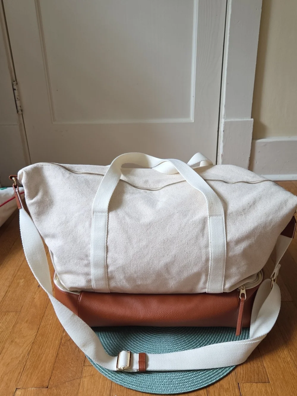 Universal Thread Cream Canvas Travel Bag with Brown Faux Leather Base